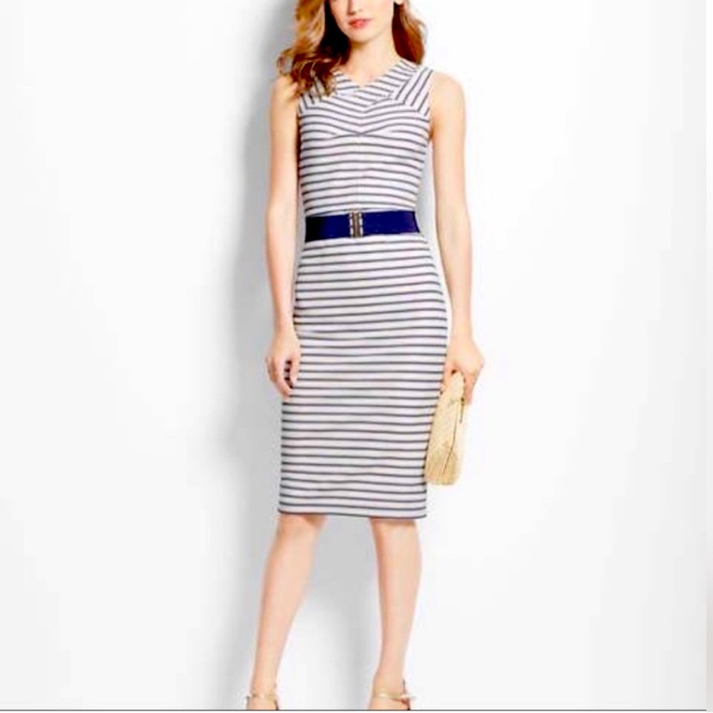 Ann Taylor high v-neck white sheath dress with navy blue and tan stripes, size 0